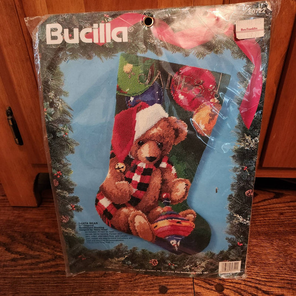 Bucilla SANTA BEAR 18" Needlepoint Stocking 60722 Kit Nancy Rossi 1994 NEW - Picture 1 of 4